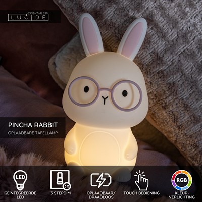 Lucide PINCHA RABBIT - Oplaadbare Tafellamp Kinderkamer - Accu/Batterij - LED 3 StepDim - RGB - Wit | Essential